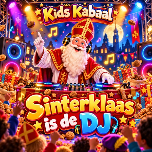 Hoes van "Sinterklaas is de DJ": Sinterklaas met koptelefoon achter de draaitafels op een podium met spots, confetti, pepernoten en pakjes, voor nachtelijke grachtenpanden en een volle maan.