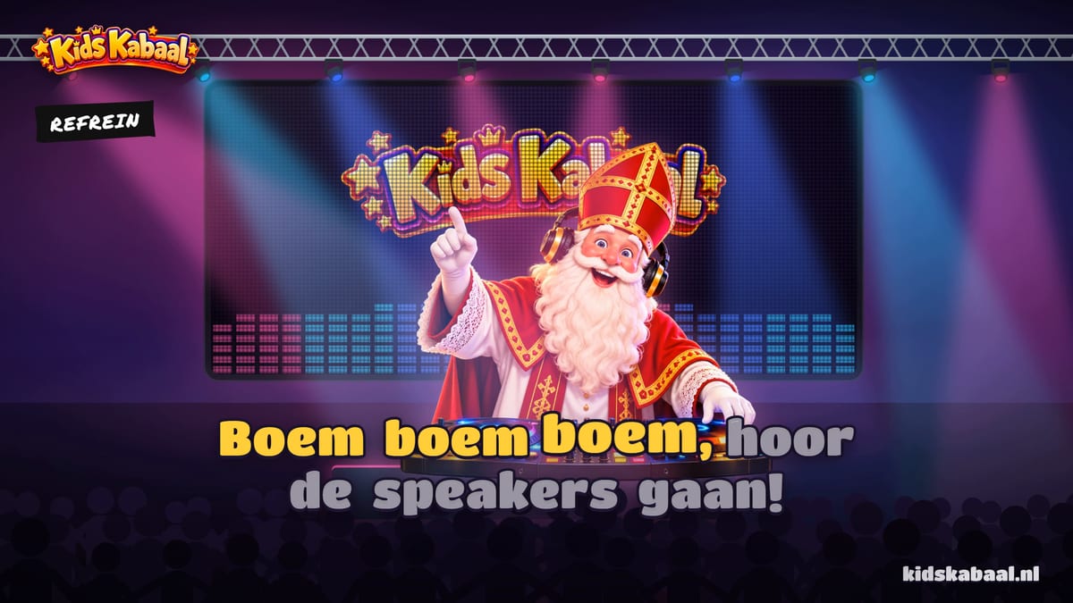 Sint achter de draaitafels, met de tekst van het refrein in beeld