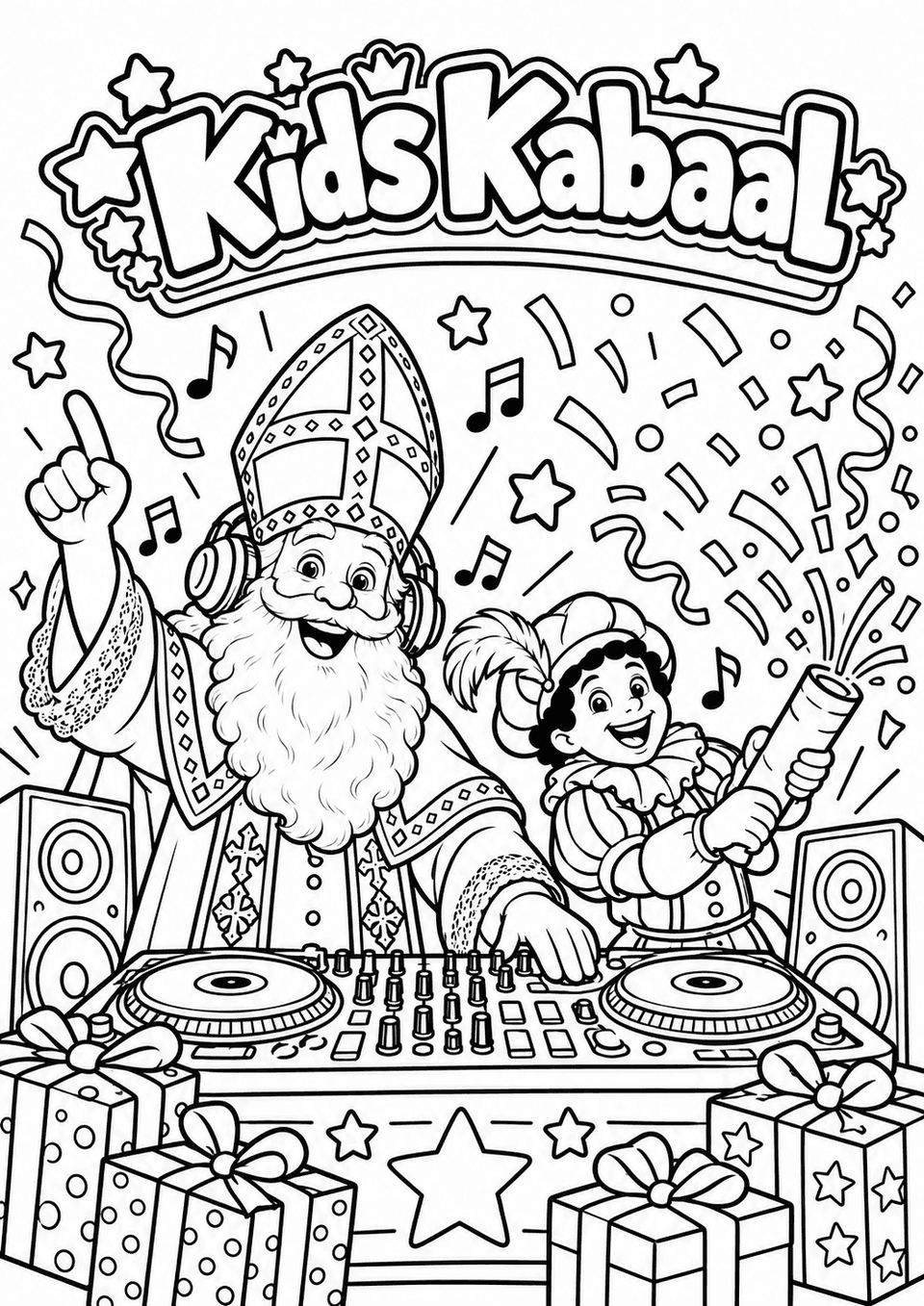 Kleurplaat: Sinterklaas draait plaatjes terwijl Piet een confettikanon afschiet, tussen speakers en pakjes.