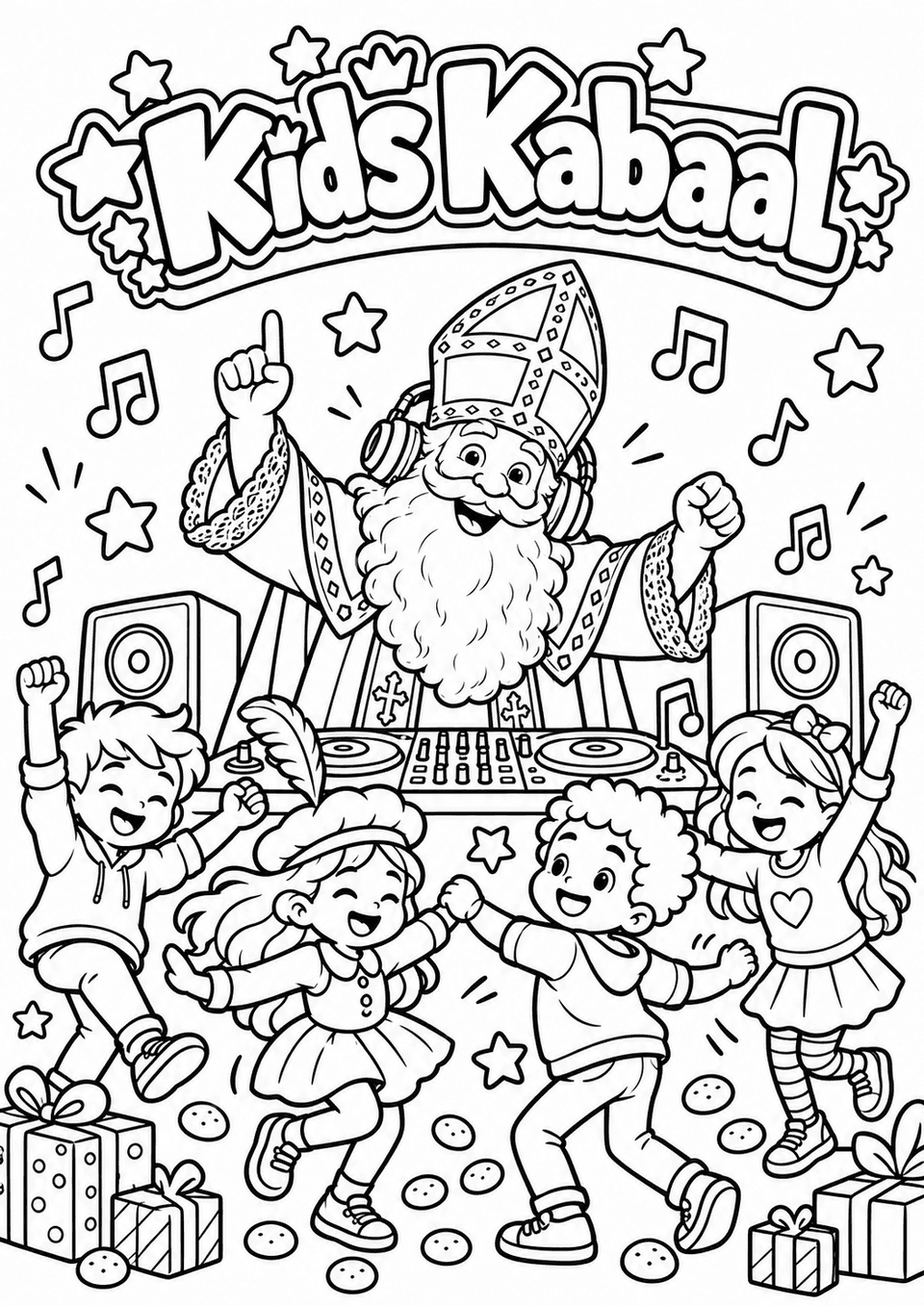 Kleurplaat: vier kinderen dansen voor Sinterklaas, die achter de draaitafels staat, met pepernoten op de vloer.