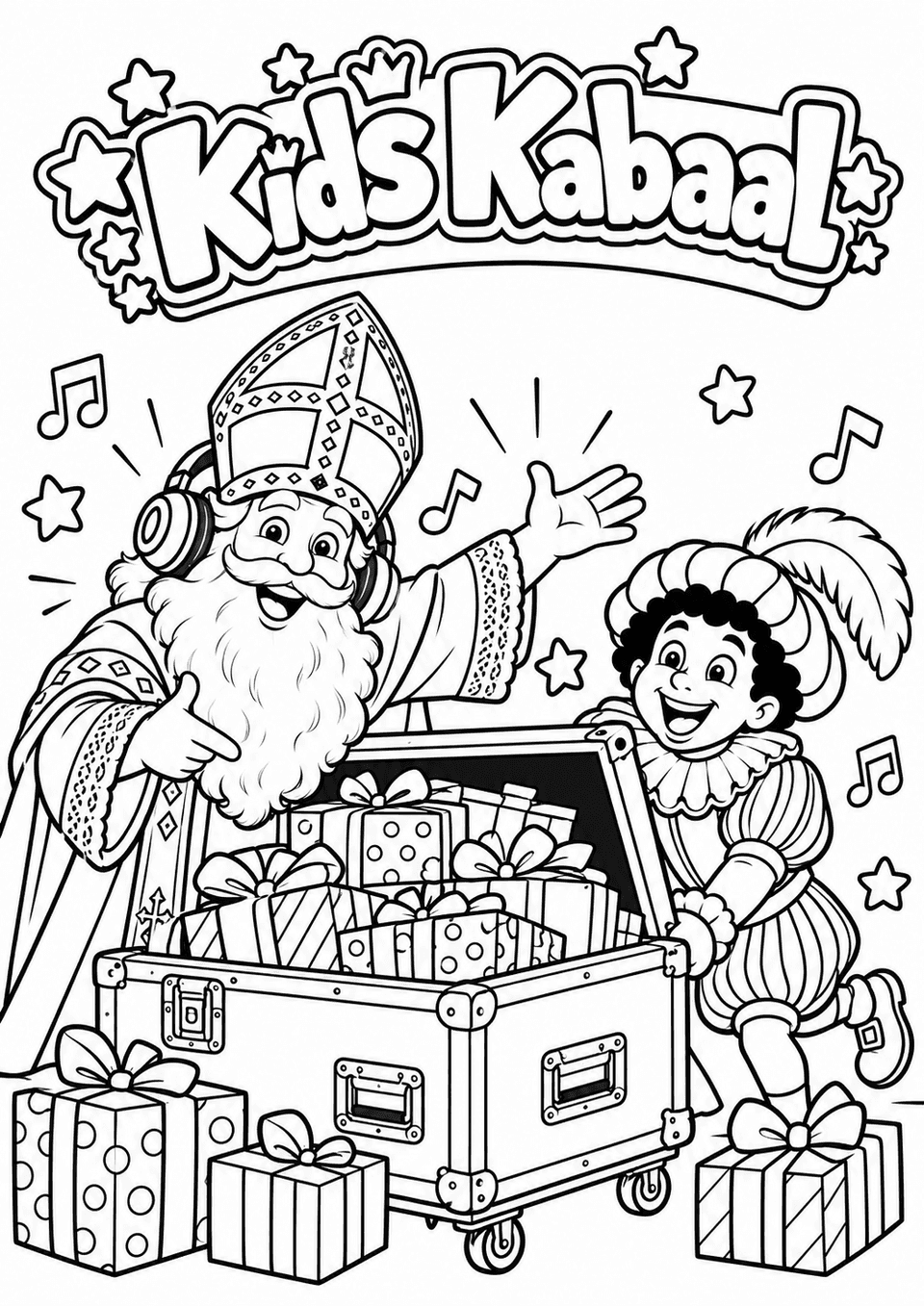 Kleurplaat: Sinterklaas en Piet bij een open flightcase op wieltjes, vol met pakjes, tussen muzieknoten en sterren.