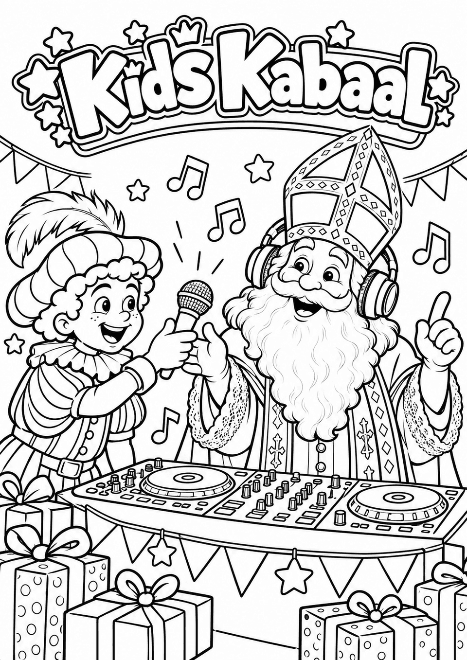 Kleurplaat: Piet geeft Sinterklaas, met een koptelefoon op, een microfoon achter de draaitafels, met muzieknoten, sterren, vlaggetjes en pakjes.