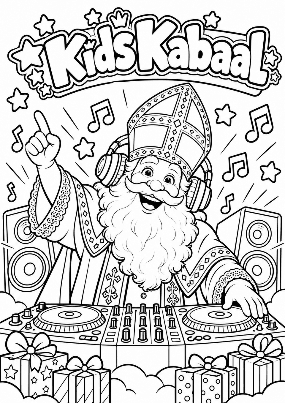 Kleurplaat: Sinterklaas met een koptelefoon achter de draaitafels, met speakers, muzieknoten, sterren en pakjes.