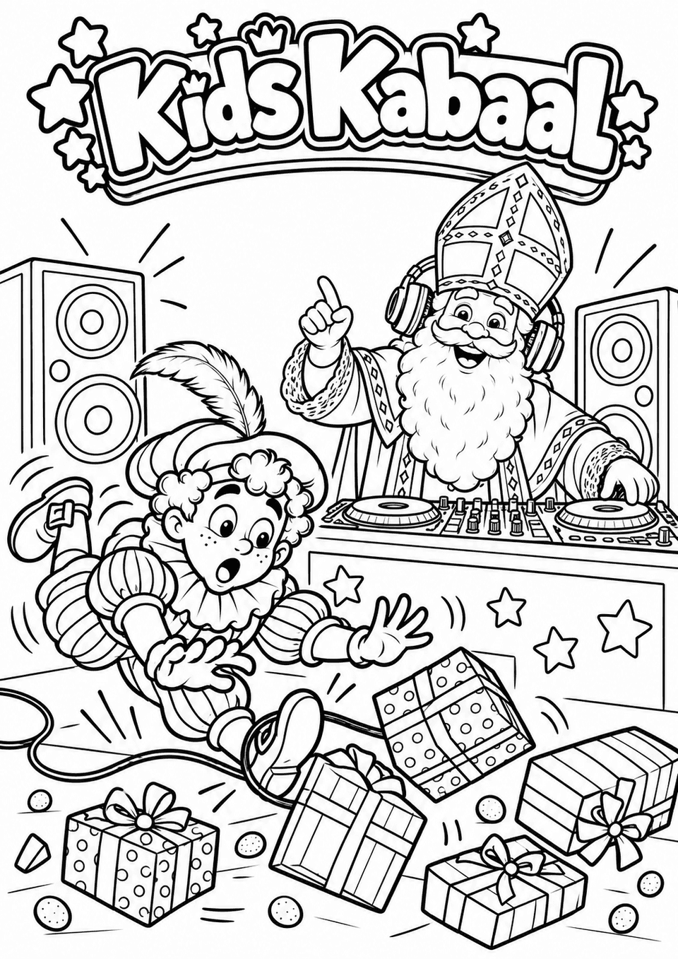 Kleurplaat: Piet struikelt over een kabel, pakjes en pepernoten vliegen in het rond, en Sinterklaas draait plaatjes tussen twee speakers.