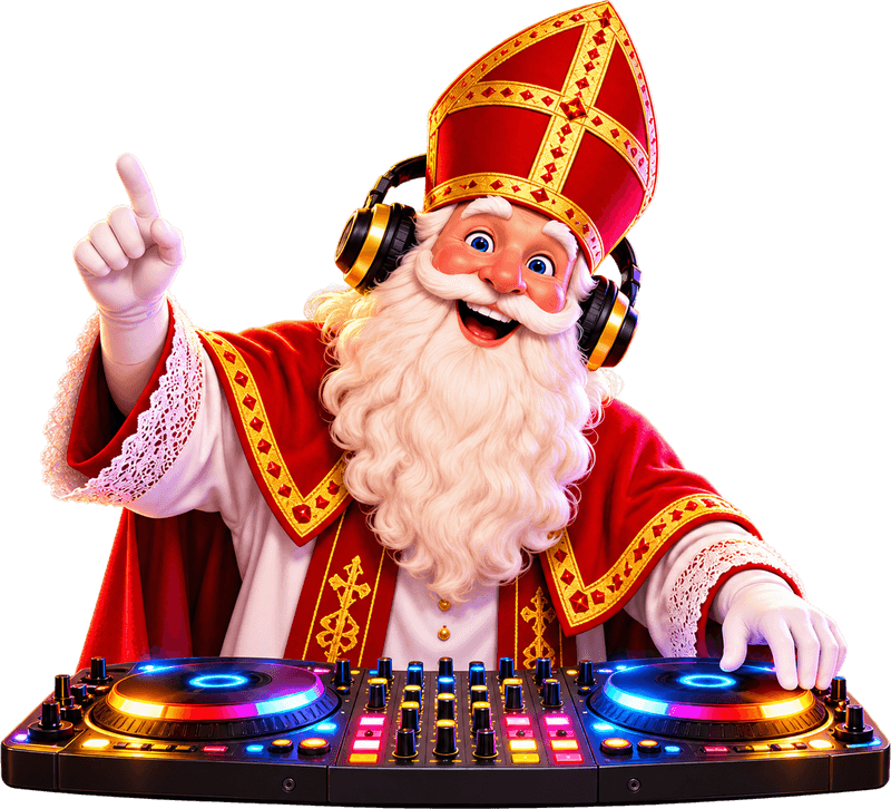 Sinterklaas met een koptelefoon op draait plaatjes achter een DJ-mengpaneel met gekleurde lichtjes